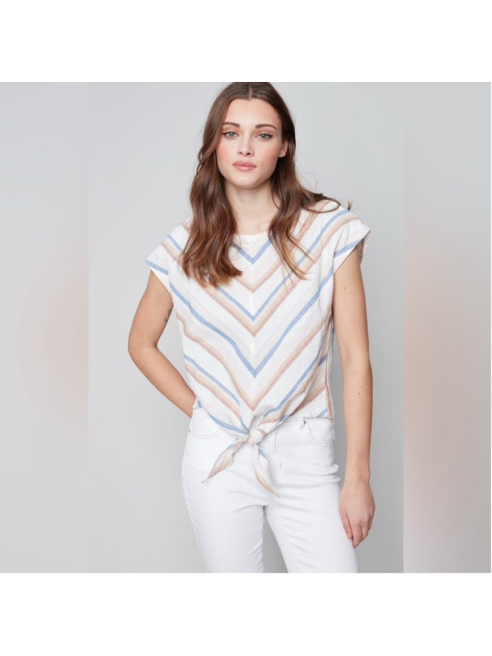 Charlie B linen & cotton tie front short sleeve blouse size XL 70s vibes chevron